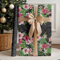 Hawaii Tropical Flowers Wrapping Paper Black Polynesian Tattoo Art LT05 - Polynesian Pride