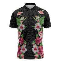 Hawaii Tropical Flowers Zipper Polo Shirt Black Polynesian Tattoo Art LT05 Black - Polynesian Pride