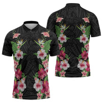 Hawaii Tropical Flowers Zipper Polo Shirt Black Polynesian Tattoo Art LT05 - Polynesian Pride