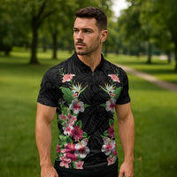 Hawaii Tropical Flowers Zipper Polo Shirt Black Polynesian Tattoo Art LT05 - Polynesian Pride