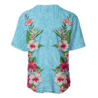 Hawaii Tropical Flowers Baseball Jersey Sky Blue Polynesian Tattoo Art LT05 - Polynesian Pride