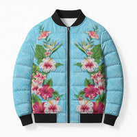 Hawaii Tropical Flowers Bomber Puffer Jacket Sky Blue Polynesian Tattoo Art LT05 Unisex Blue - Polynesian Pride