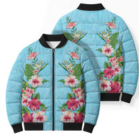 Hawaii Tropical Flowers Bomber Puffer Jacket Sky Blue Polynesian Tattoo Art LT05 - Polynesian Pride