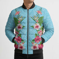 Hawaii Tropical Flowers Bomber Puffer Jacket Sky Blue Polynesian Tattoo Art LT05 - Polynesian Pride
