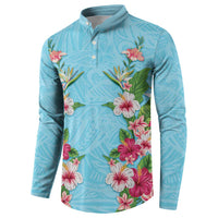 Hawaii Tropical Flowers Button Sweatshirt Sky Blue Polynesian Tattoo Art LT05 - Polynesian Pride