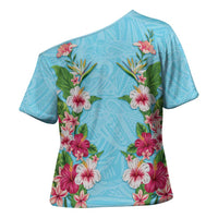 Hawaii Tropical Flowers Cross Shoulder Shirt Sky Blue Polynesian Tattoo Art LT05 - Polynesian Pride