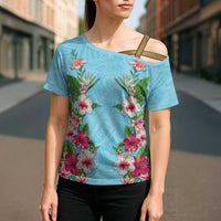 Hawaii Tropical Flowers Cross Shoulder Shirt Sky Blue Polynesian Tattoo Art LT05 - Polynesian Pride