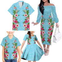 Hawaii Tropical Flowers Family Matching Off The Shoulder Long Sleeve Dress and Hawaiian Shirt Sky Blue Polynesian Tattoo Art