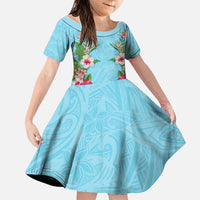 Hawaii Tropical Flowers Family Matching Off Shoulder Maxi Dress and Hawaiian Shirt Sky Blue Polynesian Tattoo Art