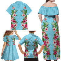 Hawaii Tropical Flowers Family Matching Off Shoulder Maxi Dress and Hawaiian Shirt Sky Blue Polynesian Tattoo Art