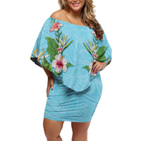 Hawaii Tropical Flowers Family Matching Off Shoulder Short Dress and Hawaiian Shirt Sky Blue Polynesian Tattoo Art