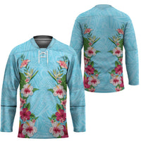 Hawaii Tropical Flowers Hockey Jersey Sky Blue Polynesian Tattoo Art LT05 - Polynesian Pride