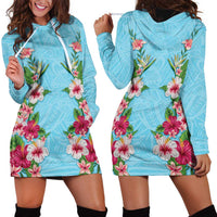 Hawaii Tropical Flowers Hoodie Dress Sky Blue Polynesian Tattoo Art LT05 - Polynesian Pride