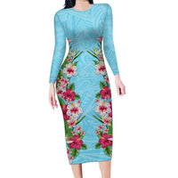 Hawaii Tropical Flowers Long Sleeve Bodycon Dress Sky Blue Polynesian Tattoo Art LT05 Long Dress Blue - Polynesian Pride