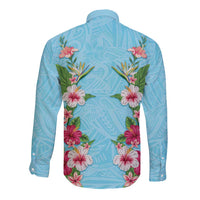 Hawaii Tropical Flowers Long Sleeve Button Shirt Sky Blue Polynesian Tattoo Art LT05 - Polynesian Pride