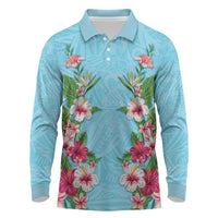 Hawaii Tropical Flowers Long Sleeve Polo Shirt Sky Blue Polynesian Tattoo Art LT05 Blue - Polynesian Pride