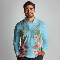 Hawaii Tropical Flowers Long Sleeve Polo Shirt Sky Blue Polynesian Tattoo Art LT05 - Polynesian Pride
