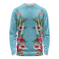 Hawaii Tropical Flowers Long Sleeve Shirt Sky Blue Polynesian Tattoo Art LT05 Unisex Blue - Polynesian Pride