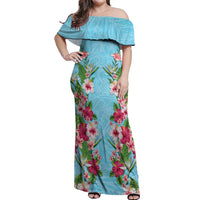 Hawaii Tropical Flowers Off Shoulder Maxi Dress Sky Blue Polynesian Tattoo Art LT05 Women Blue - Polynesian Pride
