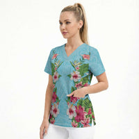 Hawaii Tropical Flowers Scrub Top Sky Blue Polynesian Tattoo Art LT05 - Polynesian Pride