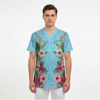 Hawaii Tropical Flowers Scrub Top Sky Blue Polynesian Tattoo Art LT05 - Polynesian Pride