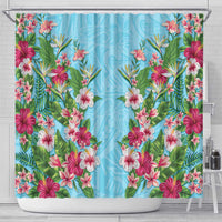 Hawaii Tropical Flowers Shower Curtain Sky Blue Polynesian Tattoo Art LT05 - Polynesian Pride