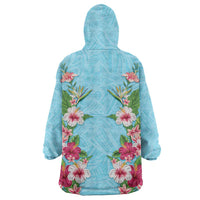Hawaii Tropical Flowers Wearable Blanket Hoodie Sky Blue Polynesian Tattoo Art LT05 - Polynesian Pride