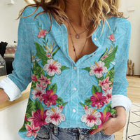 Hawaii Tropical Flowers Women Casual Shirt Sky Blue Polynesian Tattoo Art LT05 Female Blue - Polynesian Pride