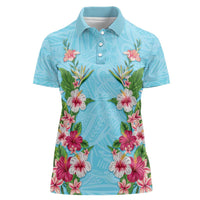 Hawaii Tropical Flowers Women Polo Shirt Sky Blue Polynesian Tattoo Art LT05 Female Blue - Polynesian Pride