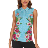 Hawaii Tropical Flowers Women Sleeveless Polo Shirt Sky Blue Polynesian Tattoo Art LT05 - Polynesian Pride