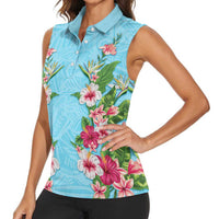 Hawaii Tropical Flowers Women Sleeveless Polo Shirt Sky Blue Polynesian Tattoo Art LT05 - Polynesian Pride
