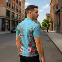 Hawaii Tropical Flowers Zipper Polo Shirt Sky Blue Polynesian Tattoo Art LT05 - Polynesian Pride