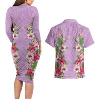 Hawaii Tropical Flowers Couples Matching Long Sleeve Bodycon Dress and Hawaiian Shirt Lavender Polynesian Tattoo Art