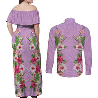Hawaii Tropical Flowers Couples Matching Off Shoulder Maxi Dress and Long Sleeve Button Shirt Lavender Polynesian Tattoo Art LT05 - Polynesian Pride