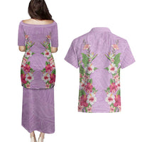 Hawaii Tropical Flowers Couples Matching Puletasi and Hawaiian Shirt Lavender Polynesian Tattoo Art LT05 - Polynesian Pride