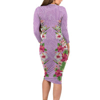 Hawaii Tropical Flowers Family Matching Long Sleeve Bodycon Dress and Hawaiian Shirt Lavender Polynesian Tattoo Art
