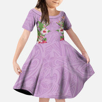 Hawaii Tropical Flowers Family Matching Off The Shoulder Long Sleeve Dress and Hawaiian Shirt Lavender Polynesian Tattoo Art