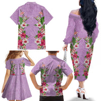 Hawaii Tropical Flowers Family Matching Off The Shoulder Long Sleeve Dress and Hawaiian Shirt Lavender Polynesian Tattoo Art