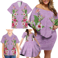 Hawaii Tropical Flowers Family Matching Off Shoulder Short Dress and Hawaiian Shirt Lavender Polynesian Tattoo Art