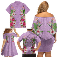 Hawaii Tropical Flowers Family Matching Off Shoulder Short Dress and Hawaiian Shirt Lavender Polynesian Tattoo Art
