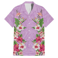 Hawaii Tropical Flowers Family Matching Off Shoulder Short Dress and Hawaiian Shirt Lavender Polynesian Tattoo Art