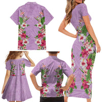 Hawaii Tropical Flowers Family Matching Short Sleeve Bodycon Dress and Hawaiian Shirt Lavender Polynesian Tattoo Art