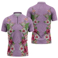 Hawaii Tropical Flowers Zipper Polo Shirt Lavender Polynesian Tattoo Art LT05 - Polynesian Pride