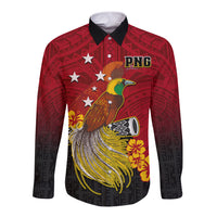 Personalized Papua New Guinea Long Sleeve Button Shirt Bird Of Paradise Hibiscus With Motuan Pattern LT05 Unisex Red - Polynesian Pride