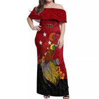 Personalized Papua New Guinea Off Shoulder Maxi Dress Bird Of Paradise Hibiscus With Motuan Pattern LT05 Women Red - Polynesian Pride