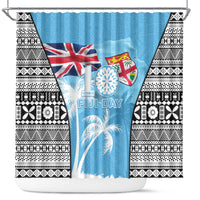 Fiji Day 2026 Shower Curtain Masi Tapa Pattern With Palm Tree LT05 Blue - Polynesian Pride