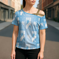 Bula Fiji Cross Shoulder Shirt Blue Makare Masi Tapa Pattern LT05 - Polynesian Pride