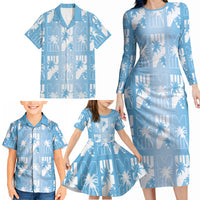 Bula Fiji Family Matching Long Sleeve Bodycon Dress and Hawaiian Shirt Blue Makare Masi Tapa Pattern