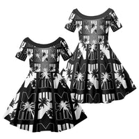 Bula Fiji Family Matching Off Shoulder Maxi Dress and Hawaiian Shirt Black Makare Masi Tapa Pattern LT05 Daughter's Dress Black - Polynesian Pride