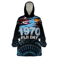 Personalised Happy Fiji Day 1970 Wearable Blanket Hoodie Flag Grunge Style LT05 One Size Black - Polynesian Pride